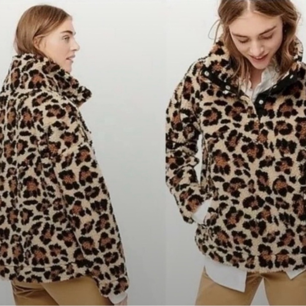 J. Crew Leopard Print Sherpa Fleece Pullover Jacket